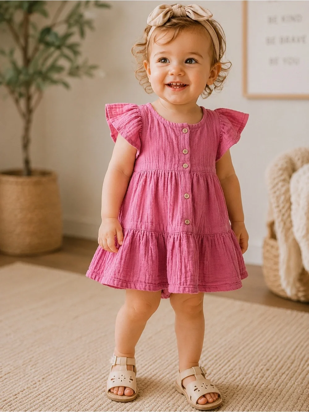 Zara Baby Pink Muslin Tiered Flutter Sleeve Dress – 18–24M